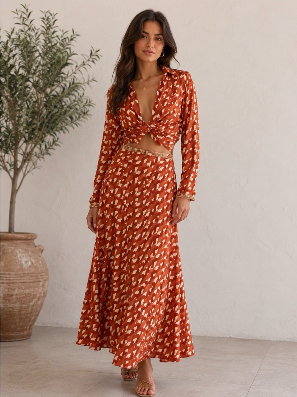 Zara Rust and Cream Long Sleeve Maxi Dress